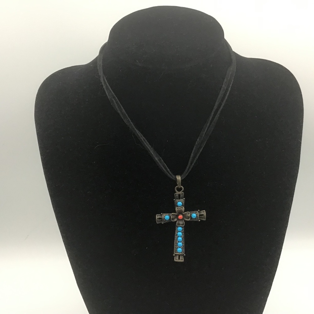 VINTAGE BRONZE CROSS w Turquoise & a coral Cross Medieval Style; For Her or Him.